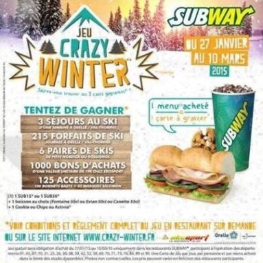 Jeu pour tenter de GAGNER des séjours, des forfaits et du matériel de ski en participant au jeu « Crazy Winter » jusqu’au 10 mars dans certains restaurants SUBWAY®