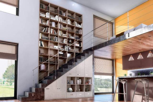 Rangements autour de l'escalier: ensemble bibliothèque-rangement sous escalier, encastré dans le mur sous une grande hauteur de plafond
