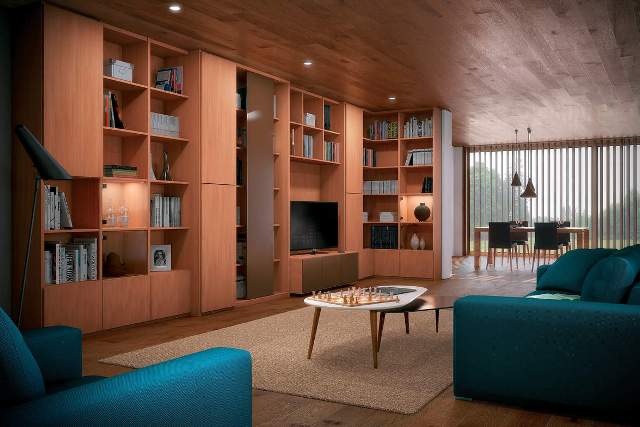 Bibliothèque intégrée: bibliothèque ouverte avec porte coulissante plus contrastée