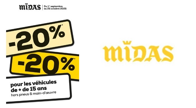 Midas : -20% sur les
pièces et forfaits pour les véhicules de plus de 15 ans