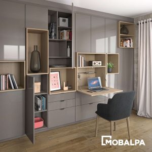 bureau intégré dans l'aménagement rangement du salon